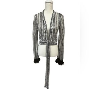 Just Unique Black Crochet Tie Front Fringe Sleeve Cardigan Sweater Size M/L